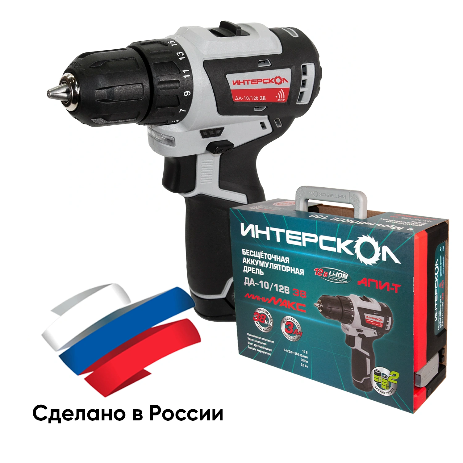 Бесщеточная профессиональная аккумуляторная дрель-шуруповерт ИНТЕРСКОЛ ДА-10/12В 38 МиниМАКС - набор №2 (две батареи по 3,0 А∙ч, систейнер МультиБОКС 100)